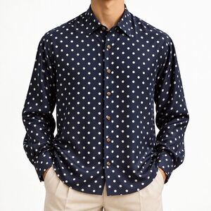 Mens Large Navy White Polka Dot 100% Silk Long Sleeve Button Up Dress Shirt NWT